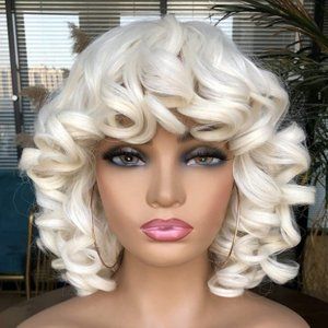 Big Curly Pin Curl Synthetic Wig With Bangs Platinum Blonde